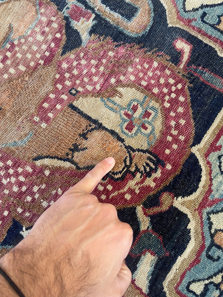 "HALAL" MUSUEM PIECE | 1880's Antique Persian Kerman Lavar | "LION VS BULL" Ancient SPRING EQUINOX Mythology | 9.2 x 12.5