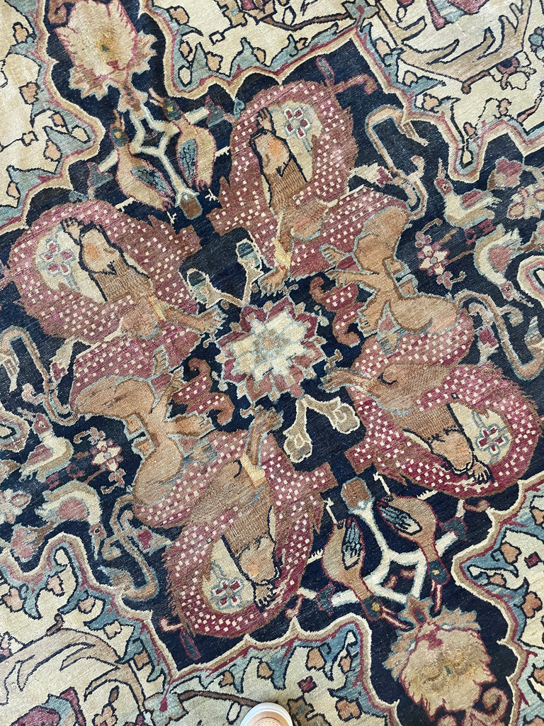"HALAL" MUSUEM PIECE | 1880's Antique Persian Kerman Lavar | "LION VS BULL" Ancient SPRING EQUINOX Mythology | 9.2 x 12.5