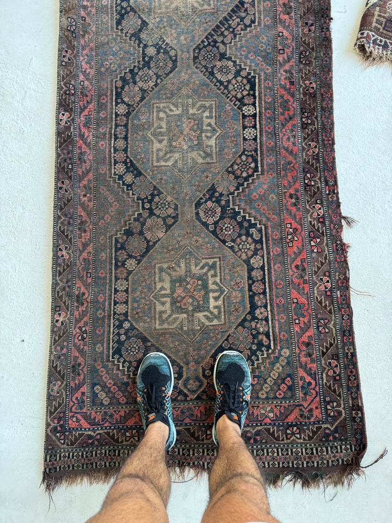 MOODY & Charming Antique Southwest Tribal Runner | Deep Blackish Indigo, Muted Army-Sage Green, Rusty Blush, Taupe | 3.4 x 9.6
