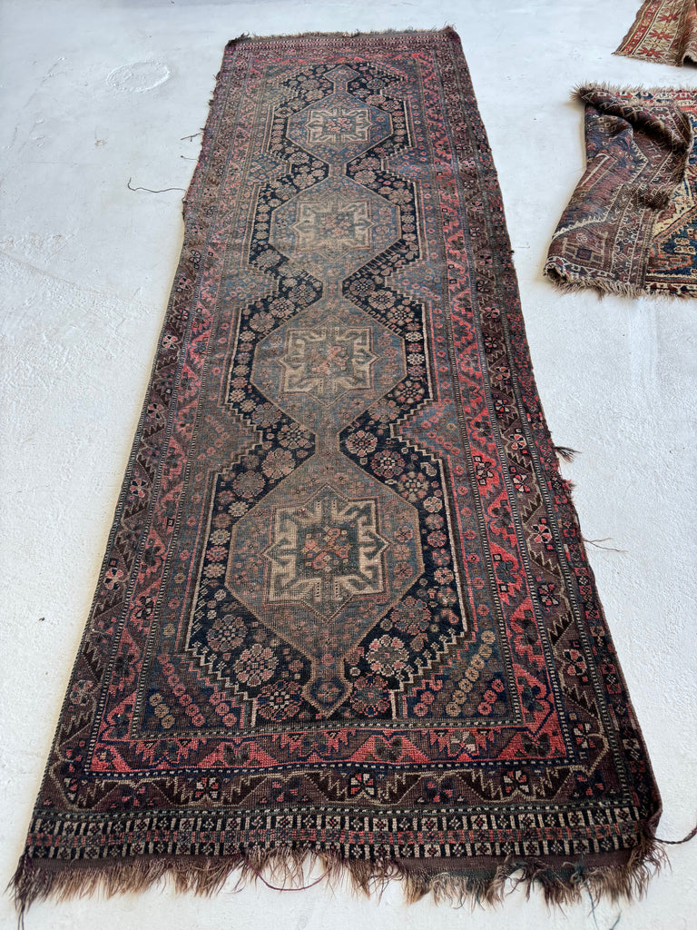 MOODY & Charming Antique Southwest Tribal Runner | Deep Blackish Indigo, Muted Army-Sage Green, Rusty Blush, Taupe | 3.4 x 9.6