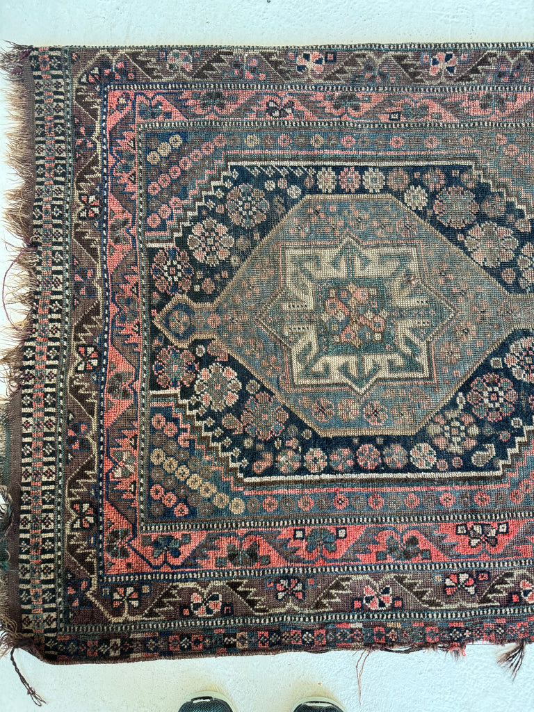 MOODY & Charming Antique Southwest Tribal Runner | Deep Blackish Indigo, Muted Army-Sage Green, Rusty Blush, Taupe | 3.4 x 9.6