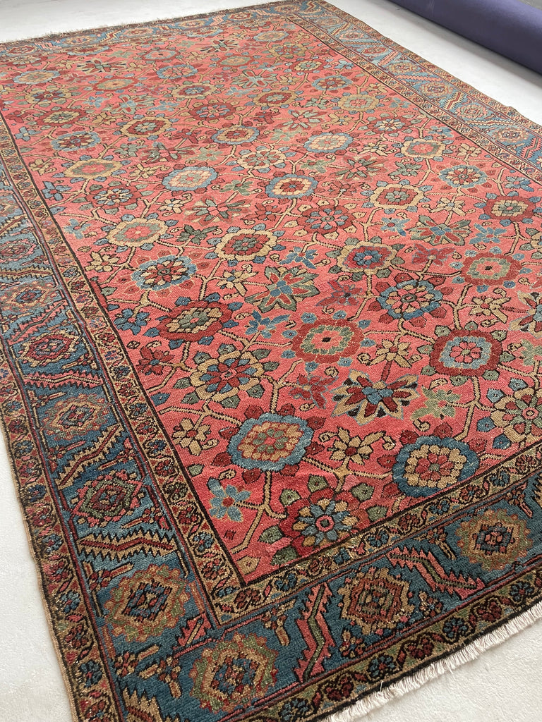MAGNIFICENT Antique Persian Heriz with RARE MINA-KHANI Design | Glowing Pink, Bakshayesh Blue, Camel, GREEN | 8.7 x 12.5