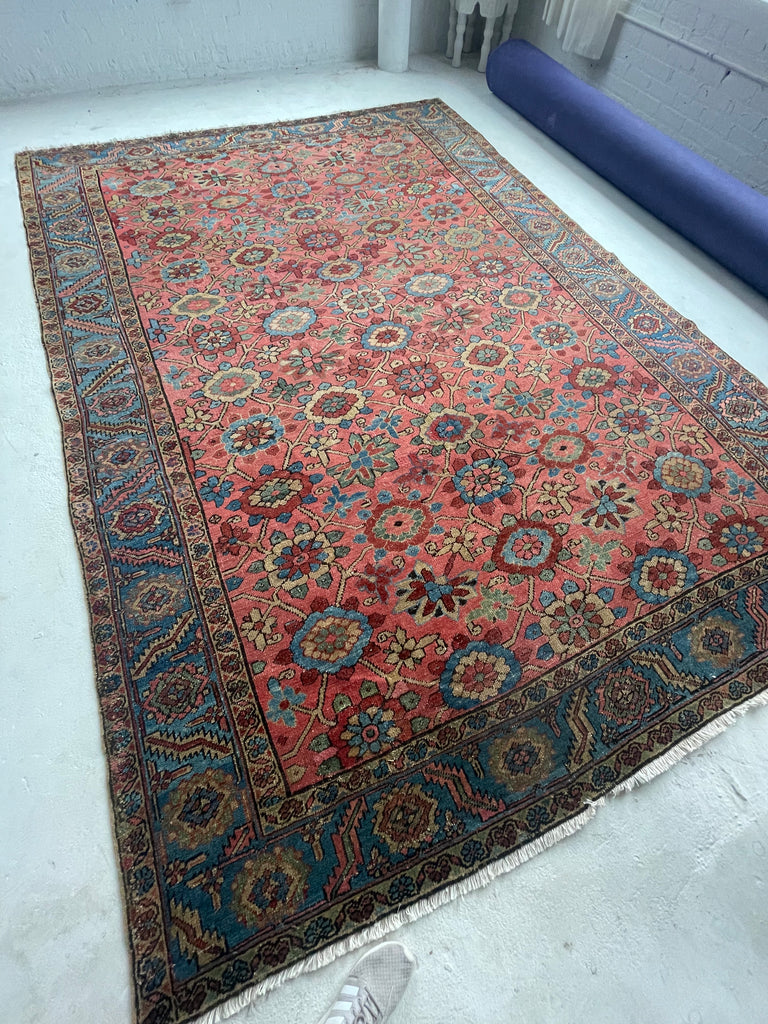 MAGNIFICENT Antique Persian Heriz with RARE MINA-KHANI Design | Glowing Pink, Bakshayesh Blue, Camel, GREEN | 8.7 x 12.5