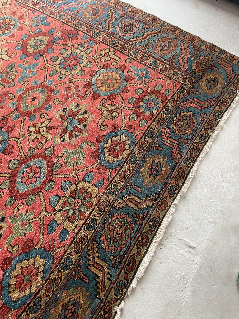 MAGNIFICENT Antique Persian Heriz with RARE MINA-KHANI Design | Glowing Pink, Bakshayesh Blue, Camel, GREEN | 8.7 x 12.5