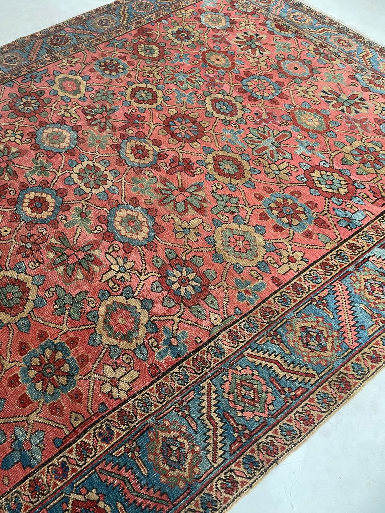 MAGNIFICENT Antique Persian Heriz with RARE MINA-KHANI Design | Glowing Pink, Bakshayesh Blue, Camel, GREEN | 8.7 x 12.5