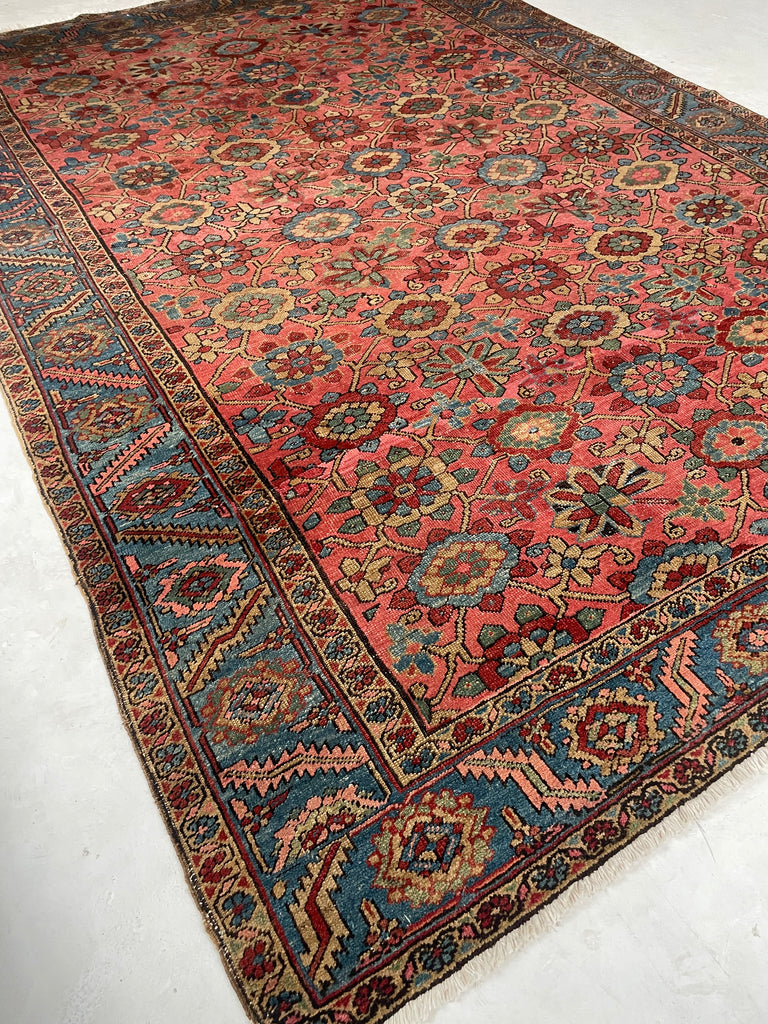 MAGNIFICENT Antique Persian Heriz with RARE MINA-KHANI Design | Glowing Pink, Bakshayesh Blue, Camel, GREEN | 8.7 x 12.5