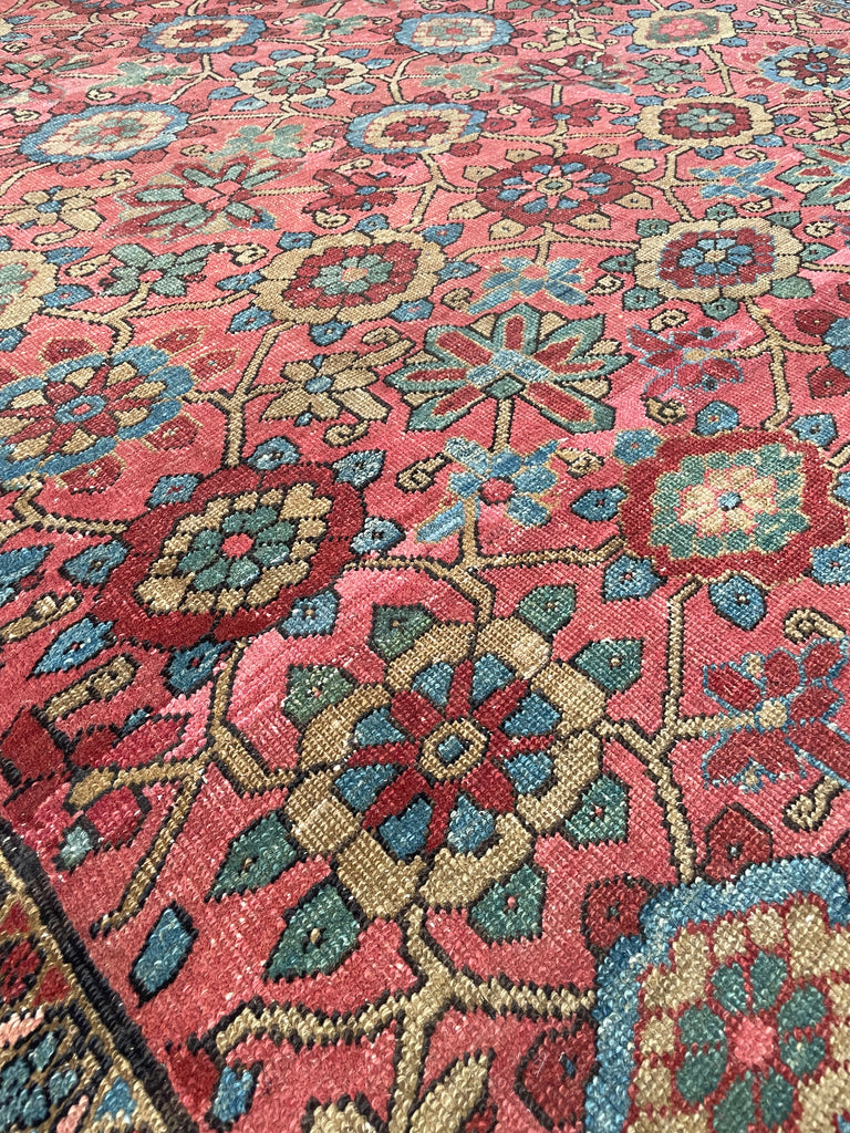 MAGNIFICENT Antique Persian Heriz with RARE MINA-KHANI Design | Glowing Pink, Bakshayesh Blue, Camel, GREEN | 8.7 x 12.5