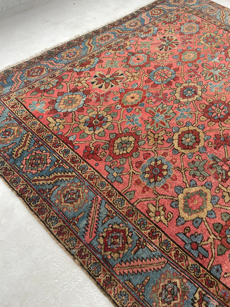 MAGNIFICENT Antique Persian Heriz with RARE MINA-KHANI Design | Glowing Pink, Bakshayesh Blue, Camel, GREEN | 8.7 x 12.5
