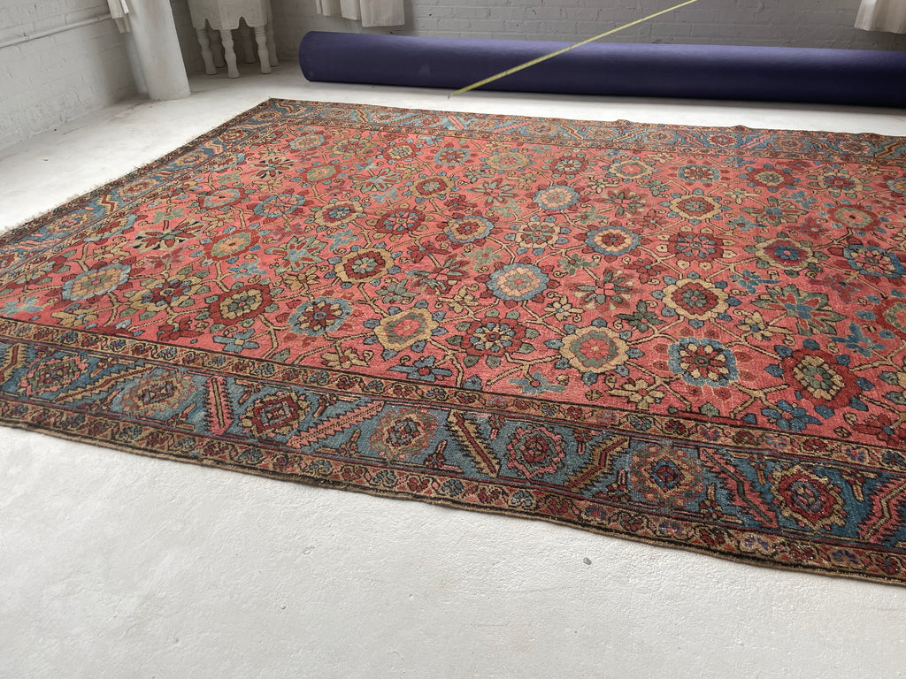 MAGNIFICENT Antique Persian Heriz with RARE MINA-KHANI Design | Glowing Pink, Bakshayesh Blue, Camel, GREEN | 8.7 x 12.5