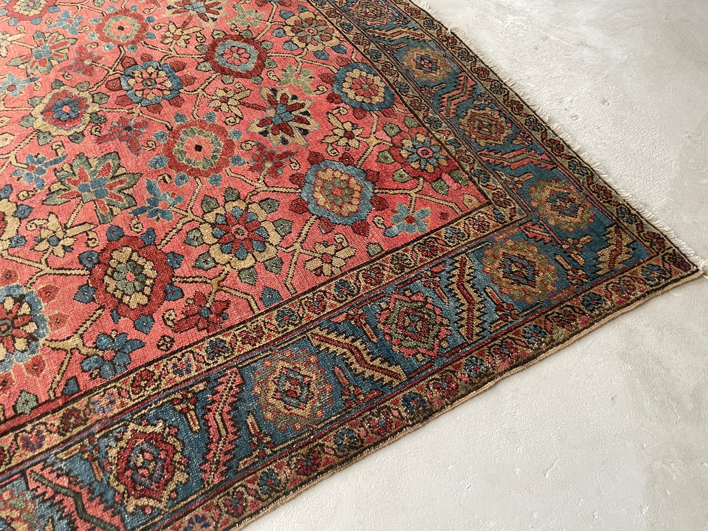 MAGNIFICENT Antique Persian Heriz with RARE MINA-KHANI Design | Glowing Pink, Bakshayesh Blue, Camel, GREEN | 8.7 x 12.5