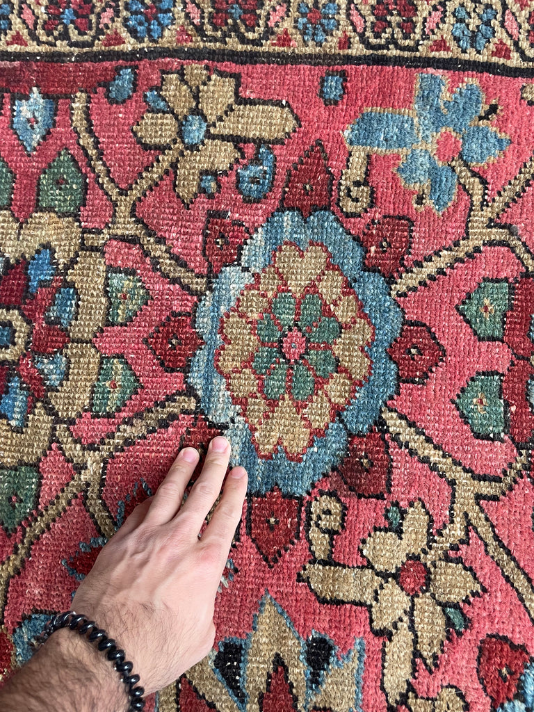 MAGNIFICENT Antique Persian Heriz with RARE MINA-KHANI Design | Glowing Pink, Bakshayesh Blue, Camel, GREEN | 8.7 x 12.5