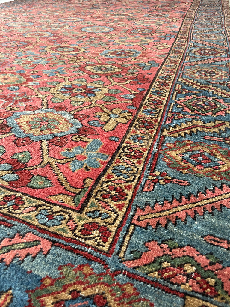 MAGNIFICENT Antique Persian Heriz with RARE MINA-KHANI Design | Glowing Pink, Bakshayesh Blue, Camel, GREEN | 8.7 x 12.5