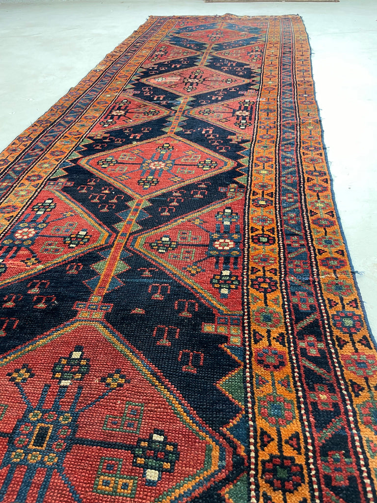Funky Boho Vintage Kurdish Runner with DAZZLING Colors; Lime Green, Tangerine, Watermelon, Blueberry & Indigo | 3.2 x 10.10