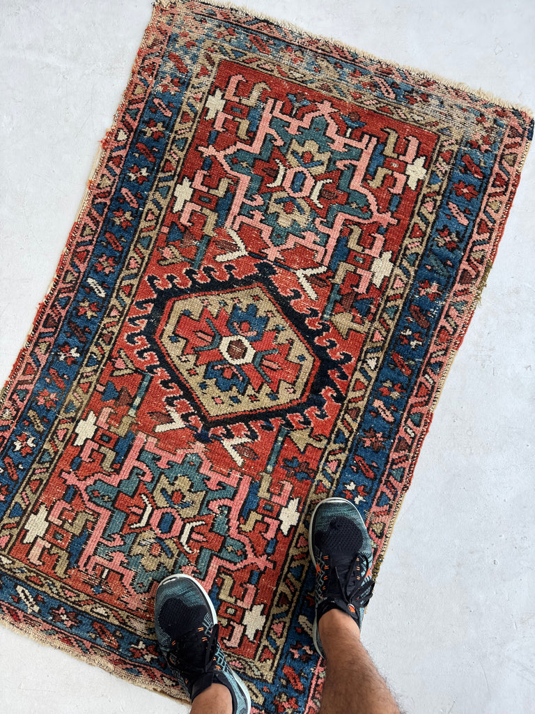 FABULOUS Antique Karaja | Happy Colors with Rust, Teal, Blue, Camel | 2.9 x 4.3