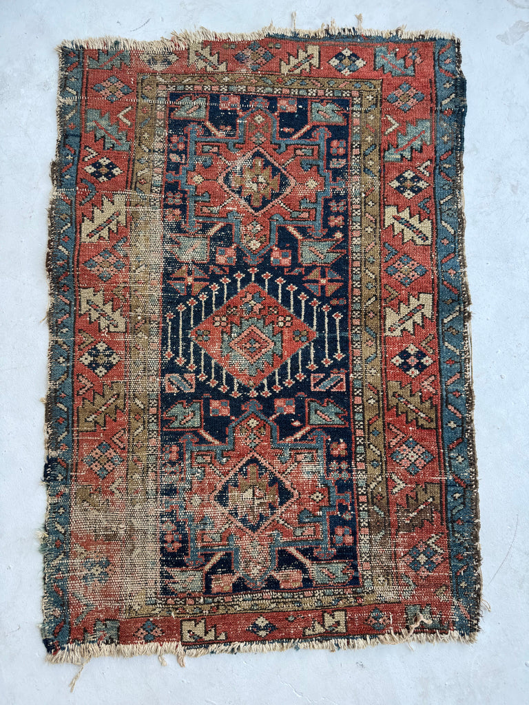 LOVELY Worn Antique Persian Karaja rug | Blues, Camel, Greens, Pinks | 3 x 4