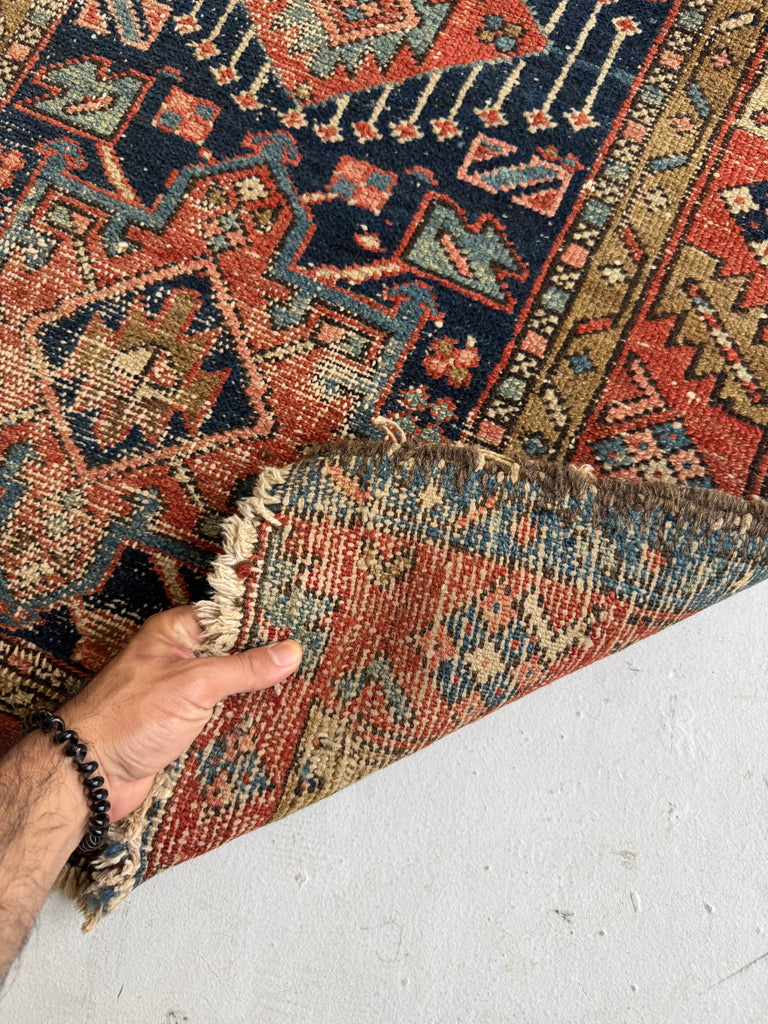 LOVELY Worn Antique Persian Karaja rug | Blues, Camel, Greens, Pinks | 3 x 4