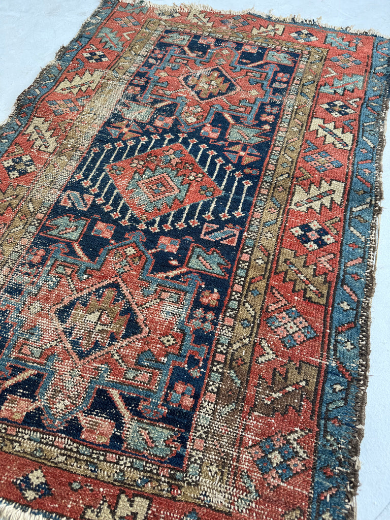 LOVELY Worn Antique Persian Karaja rug | Blues, Camel, Greens, Pinks | 3 x 4