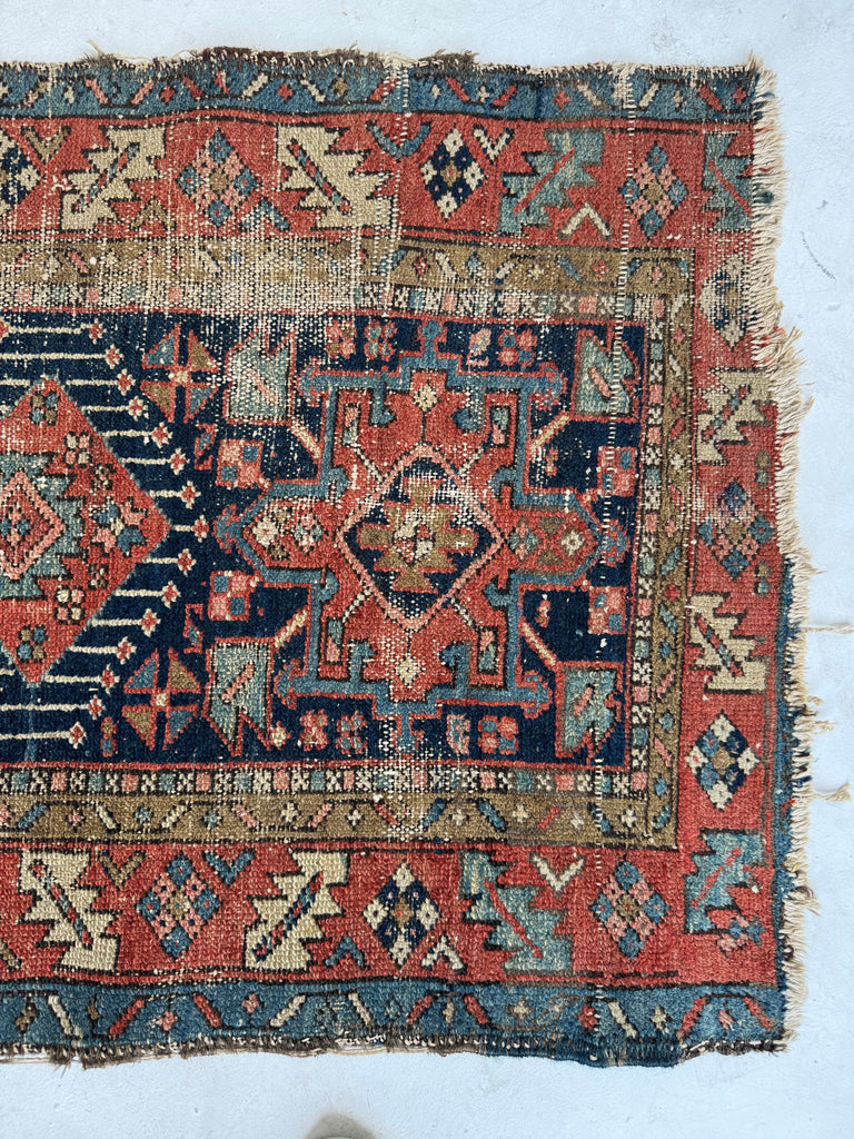 LOVELY Worn Antique Persian Karaja rug | Blues, Camel, Greens, Pinks | 3 x 4