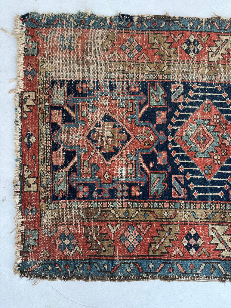 LOVELY Worn Antique Persian Karaja rug | Blues, Camel, Greens, Pinks | 3 x 4