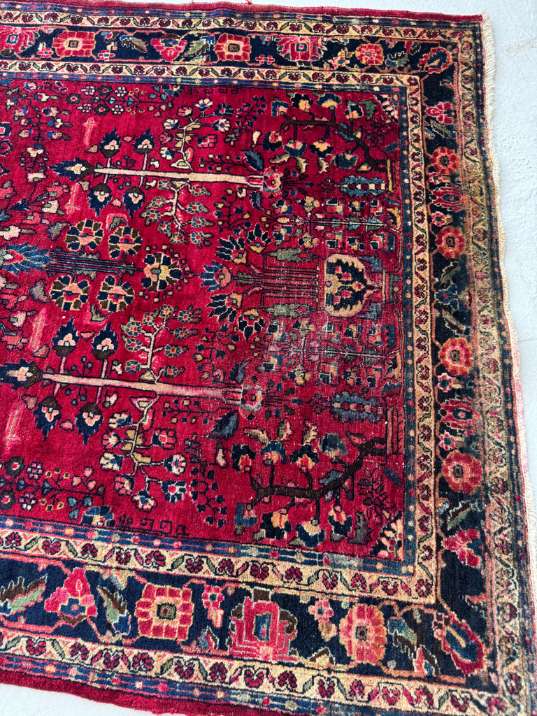 NATURE Filled Vintage Sarouk | Marbling Deep Berry, Pomegranate, Wine | ~ 4.6 x 7