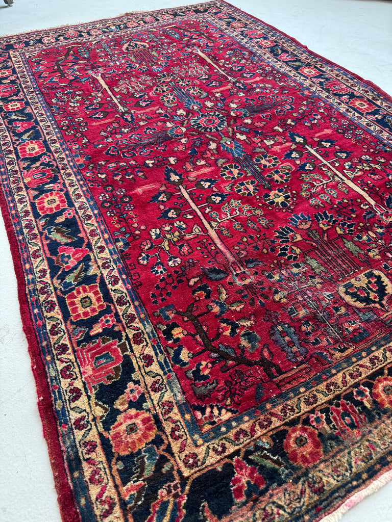 NATURE Filled Vintage Sarouk | Marbling Deep Berry, Pomegranate, Wine | ~ 4.6 x 7