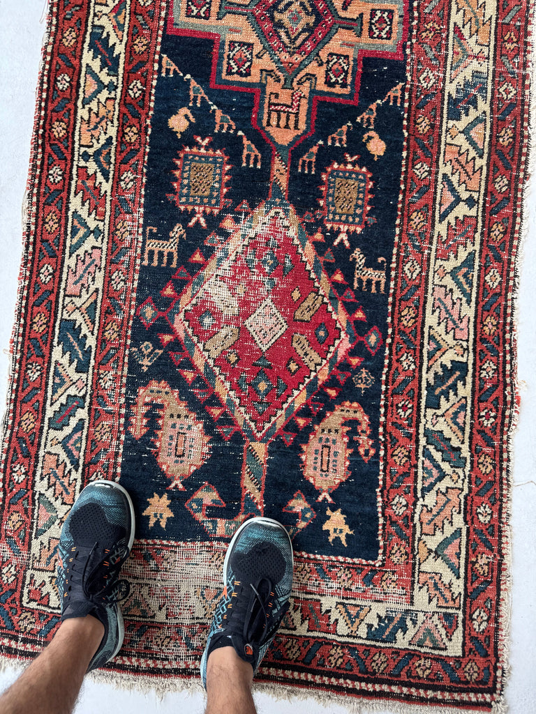 SOULFUL Village Life Antique Runner | Indigo, Apricot, Sage, Women, Birds, Guard Dogs | 2.10 x 10.9