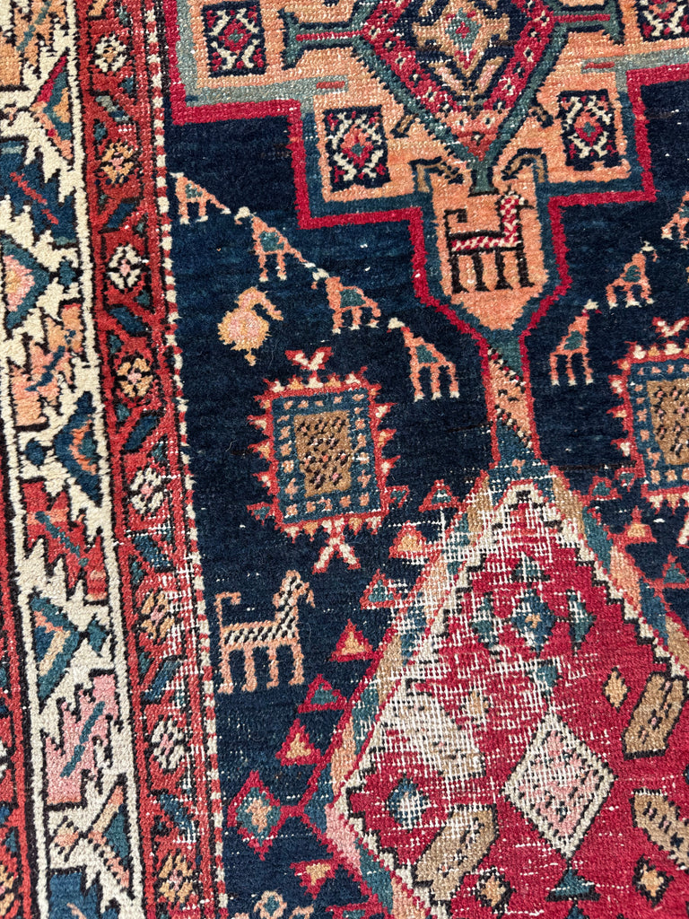 SOULFUL Village Life Antique Runner | Indigo, Apricot, Sage, Women, Birds, Guard Dogs | 2.10 x 10.9