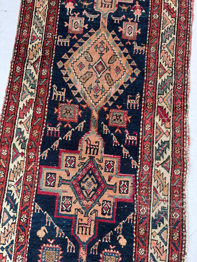 SOULFUL Village Life Antique Runner | Indigo, Apricot, Sage, Women, Birds, Guard Dogs | 2.10 x 10.9
