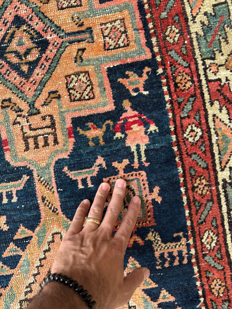 SOULFUL Village Life Antique Runner | Indigo, Apricot, Sage, Women, Birds, Guard Dogs | 2.10 x 10.9