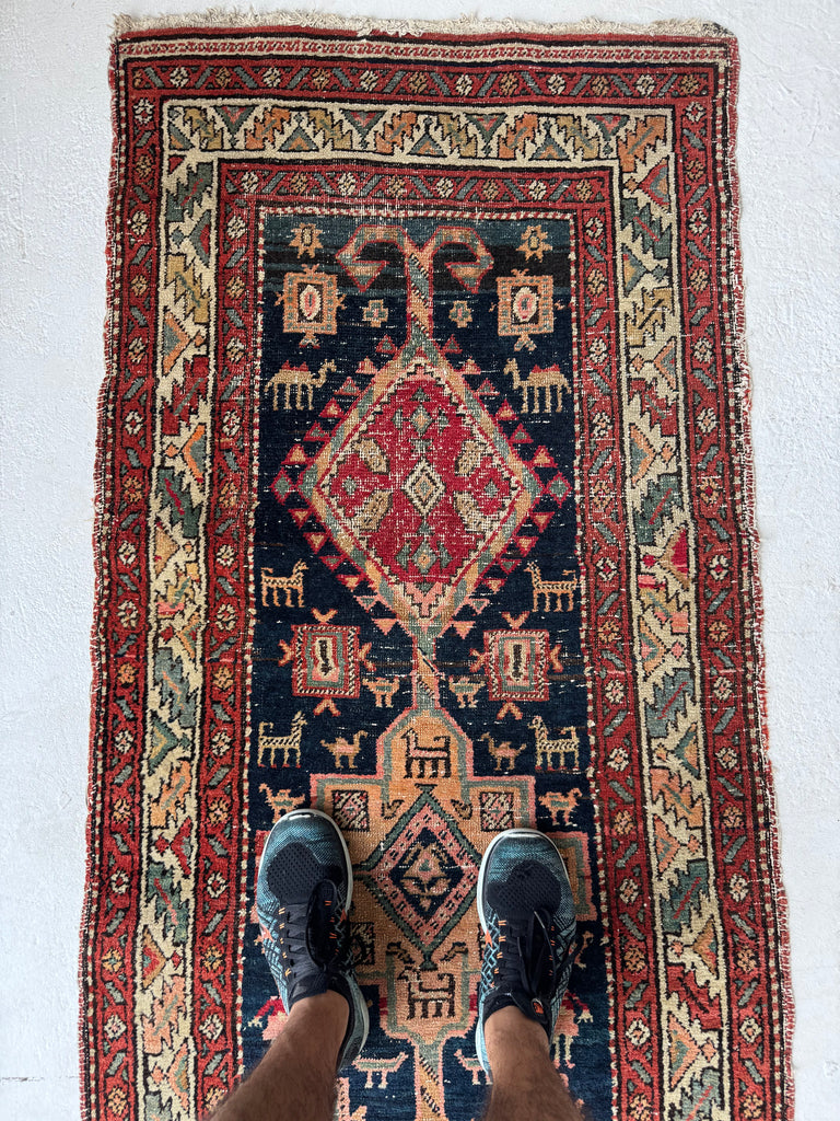 SOULFUL Village Life Antique Runner | Indigo, Apricot, Sage, Women, Birds, Guard Dogs | 2.10 x 10.9