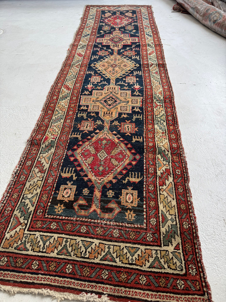 SOULFUL Village Life Antique Runner | Indigo, Apricot, Sage, Women, Birds, Guard Dogs | 2.10 x 10.9
