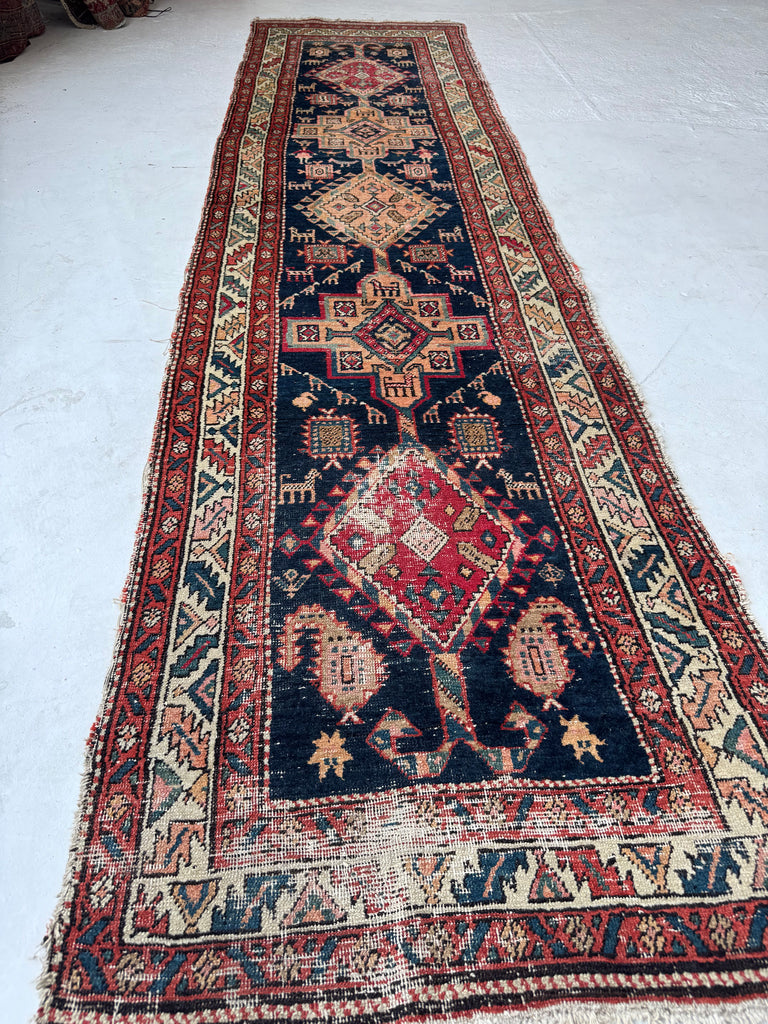 SOULFUL Village Life Antique Runner | Indigo, Apricot, Sage, Women, Birds, Guard Dogs | 2.10 x 10.9