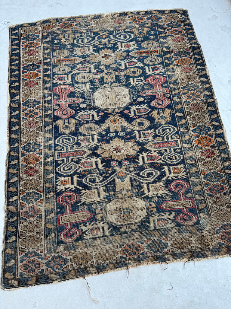 ANCIENT Distressed Caucasian Perpedil Rug | Navy, Wheat, Rust, Pink, Melon | 3.8 x 4.8