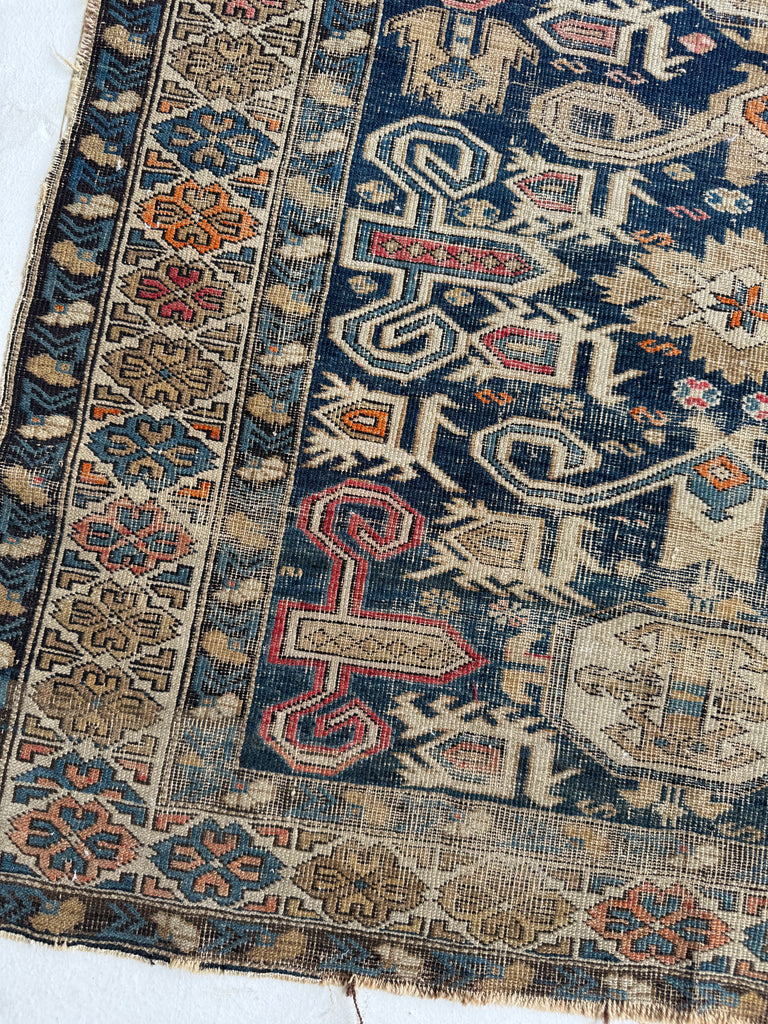 ANCIENT Distressed Caucasian Perpedil Rug | Navy, Wheat, Rust, Pink, Melon | 3.8 x 4.8