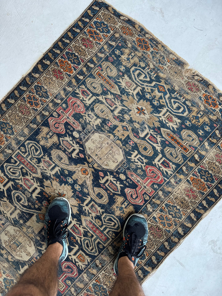 ANCIENT Distressed Caucasian Perpedil Rug | Navy, Wheat, Rust, Pink, Melon | 3.8 x 4.8