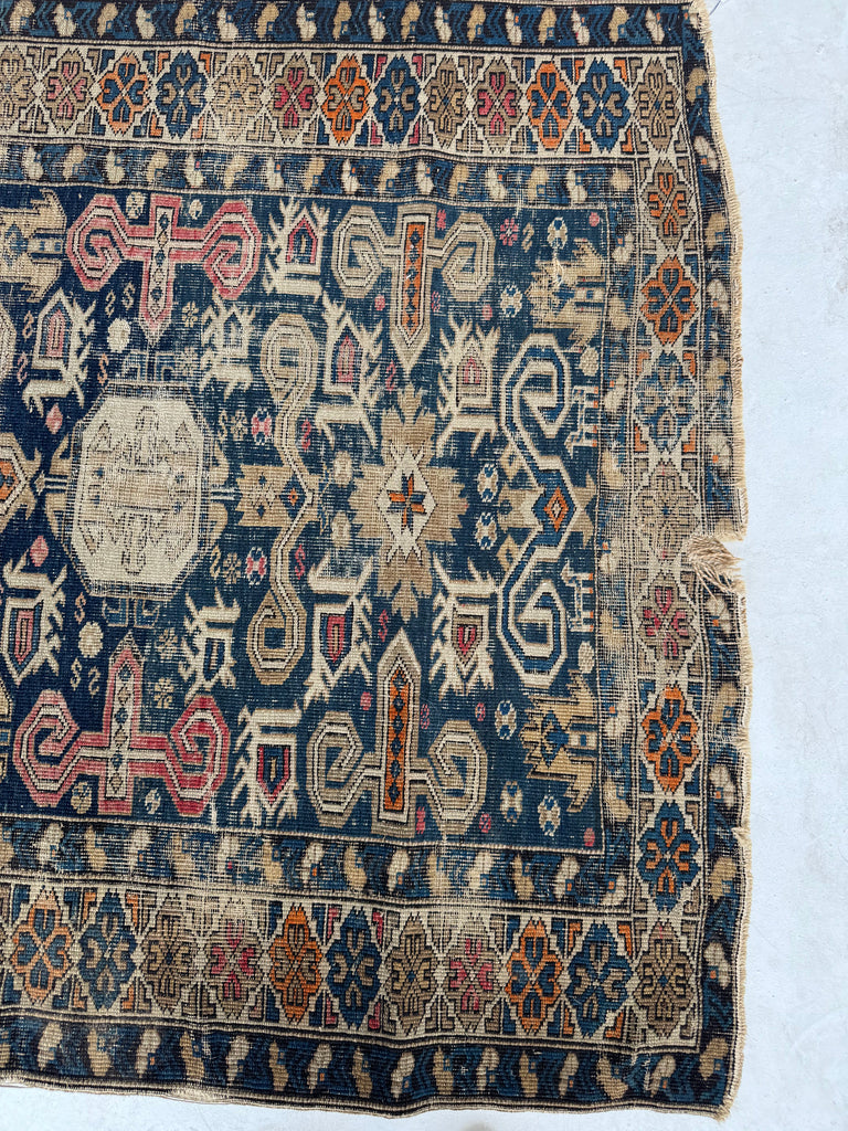ANCIENT Distressed Caucasian Perpedil Rug | Navy, Wheat, Rust, Pink, Melon | 3.8 x 4.8