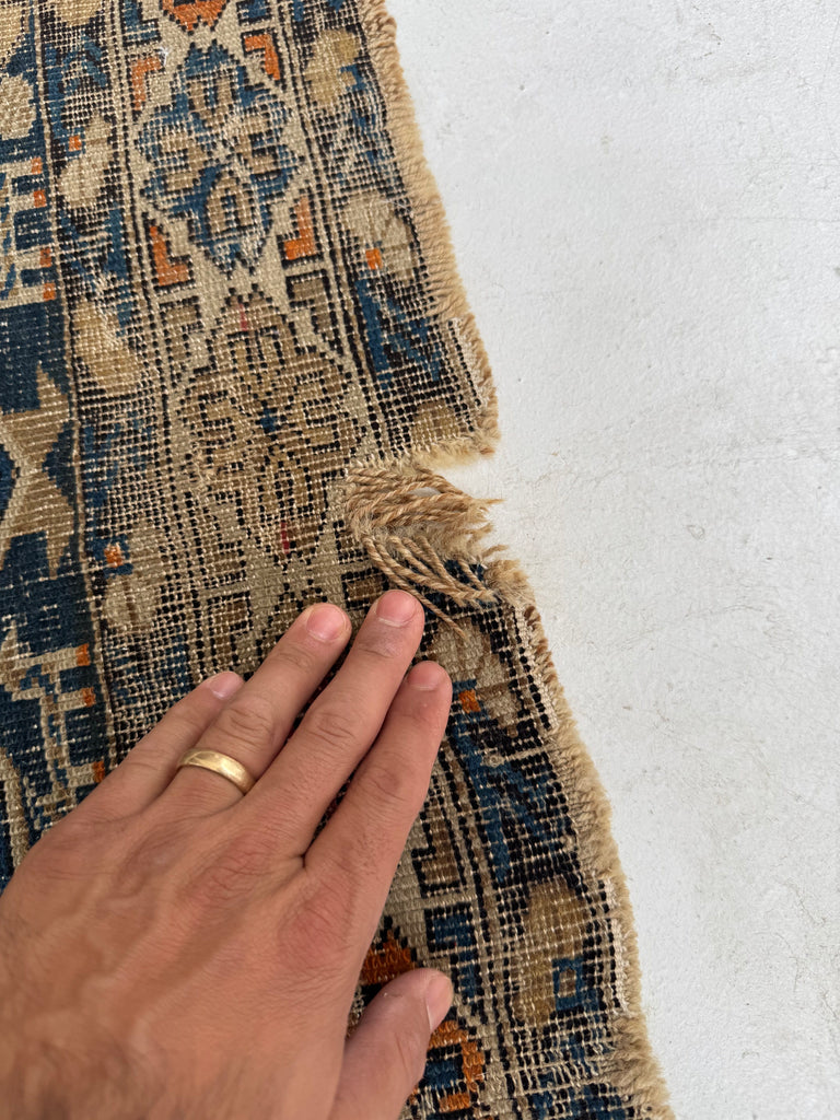 ANCIENT Distressed Caucasian Perpedil Rug | Navy, Wheat, Rust, Pink, Melon | 3.8 x 4.8