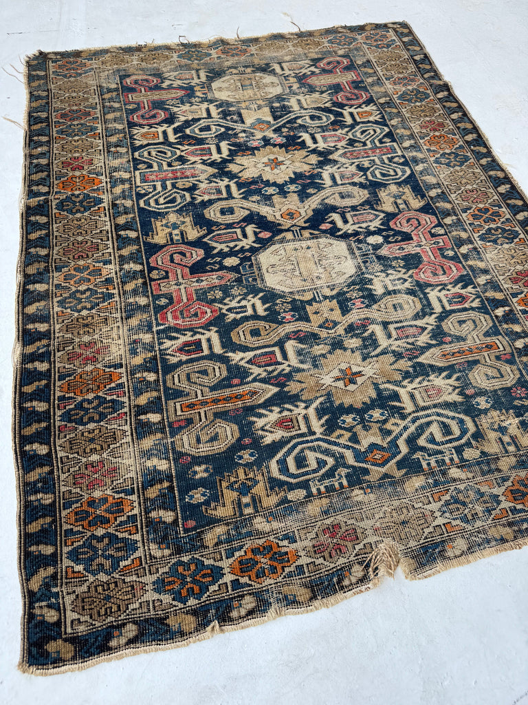 ANCIENT Distressed Caucasian Perpedil Rug | Navy, Wheat, Rust, Pink, Melon | 3.8 x 4.8