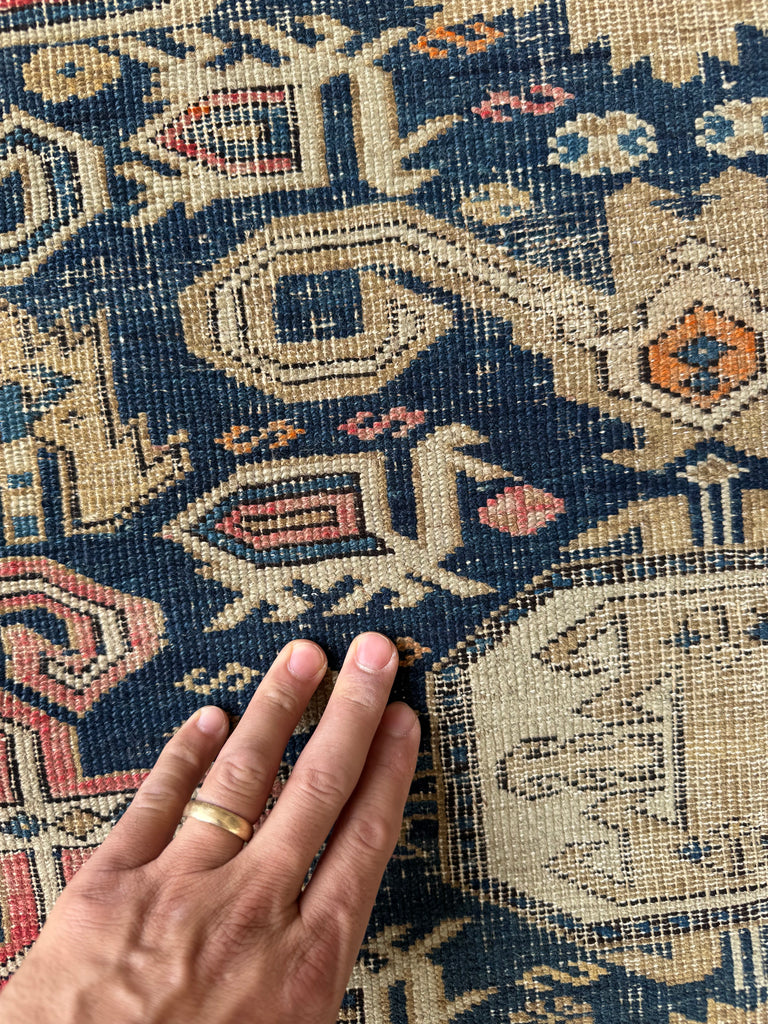 ANCIENT Distressed Caucasian Perpedil Rug | Navy, Wheat, Rust, Pink, Melon | 3.8 x 4.8