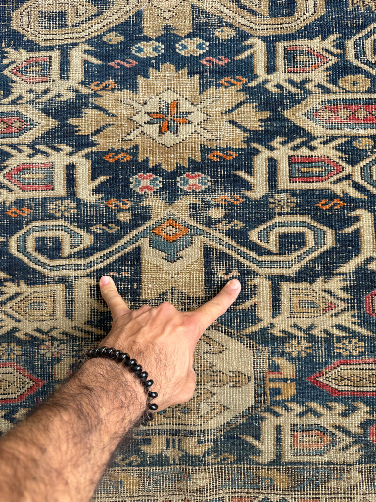 ANCIENT Distressed Caucasian Perpedil Rug | Navy, Wheat, Rust, Pink, Melon | 3.8 x 4.8