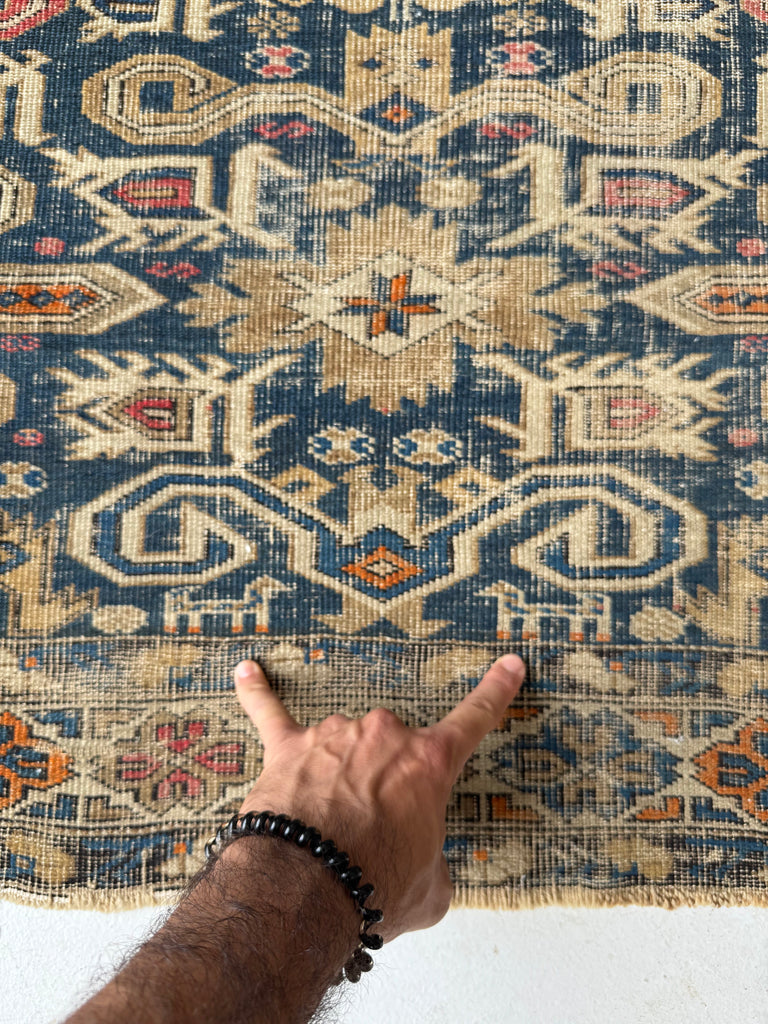 ANCIENT Distressed Caucasian Perpedil Rug | Navy, Wheat, Rust, Pink, Melon | 3.8 x 4.8