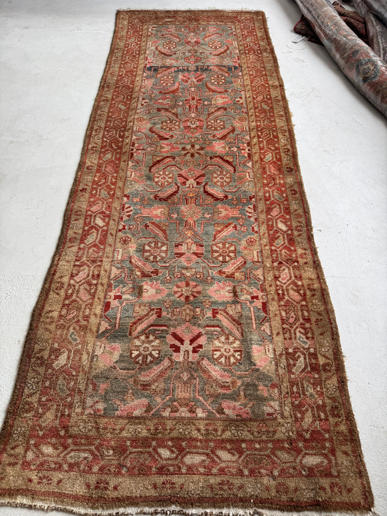 Muted Herati Runner with Slate Blue, Taupe, Rose, Camel, and Rust | Soft Plush Pile | 3.6 x 10