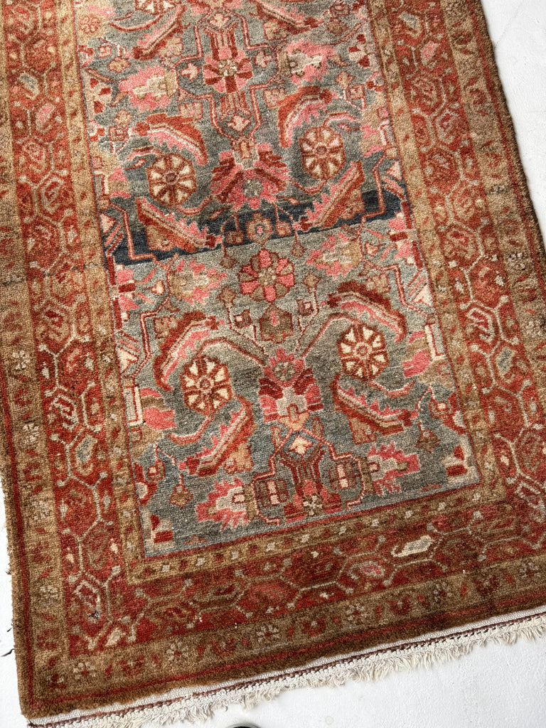 Muted Herati Runner with Slate Blue, Taupe, Rose, Camel, and Rust | Soft Plush Pile | 3.6 x 10