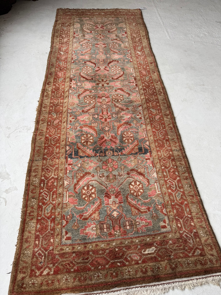 Muted Herati Runner with Slate Blue, Taupe, Rose, Camel, and Rust | Soft Plush Pile | 3.6 x 10