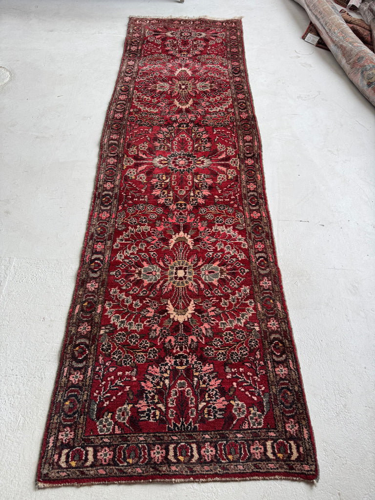 MINT Botanical Vintage Persian Sarouk Runner | Scarlet, Grey, Taupe, Rose, Walnut | 2.10 x 9.10