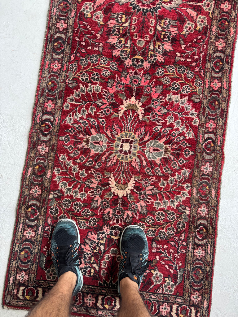 MINT Botanical Vintage Persian Sarouk Runner | Scarlet, Grey, Taupe, Rose, Walnut | 2.10 x 9.10