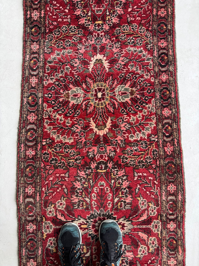 MINT Botanical Vintage Persian Sarouk Runner | Scarlet, Grey, Taupe, Rose, Walnut | 2.10 x 9.10