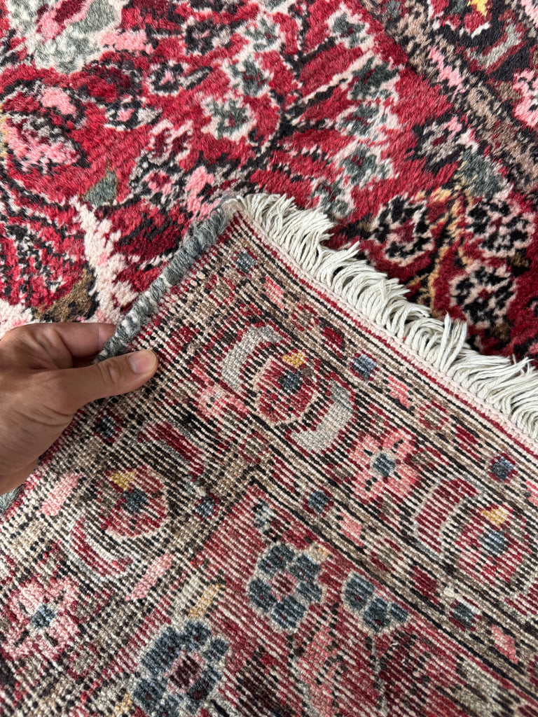 MINT Botanical Vintage Persian Sarouk Runner | Scarlet, Grey, Taupe, Rose, Walnut | 2.10 x 9.10