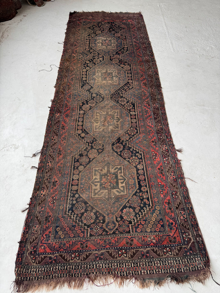 MOODY & Charming Antique Southwest Tribal Runner | Deep Blackish Indigo, Muted Army-Sage Green, Rusty Blush, Taupe | 3.4 x 9.6