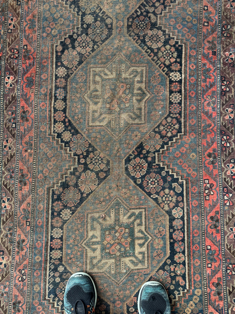 MOODY & Charming Antique Southwest Tribal Runner | Deep Blackish Indigo, Muted Army-Sage Green, Rusty Blush, Taupe | 3.4 x 9.6